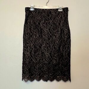 Brown Dark Romantic Lace Gold Metallic Overlay Lined Pencil Skirt Party Career 8